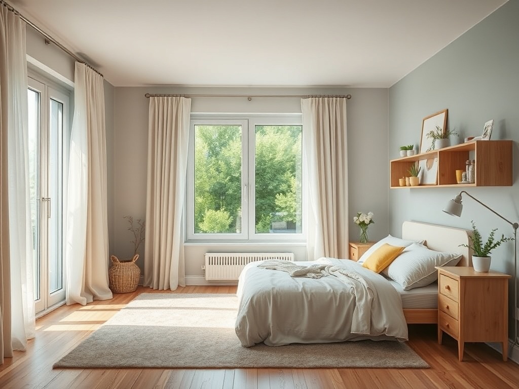 Светлая и уютная спальня с окном, ковром и шкафом, украшенным растениями и аксессуарами.
