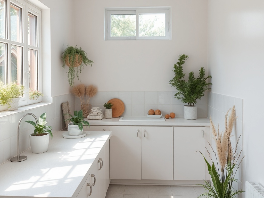Светлая кухня с растениями, современными шкафами и фруктами на столе, создающая уютную атмосферу.
