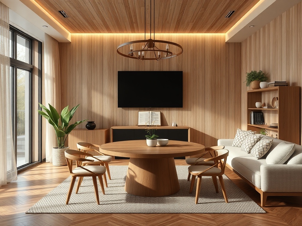 Современный интерьер с деревянными стенами, круглым столом и уютным диваном на светлом фоне.