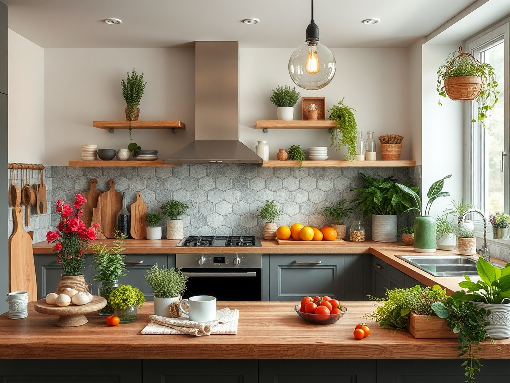 Современная кухня с зелеными растениями, фруктами и цветами на столе и полках. Теплая и уютная атмосфера.