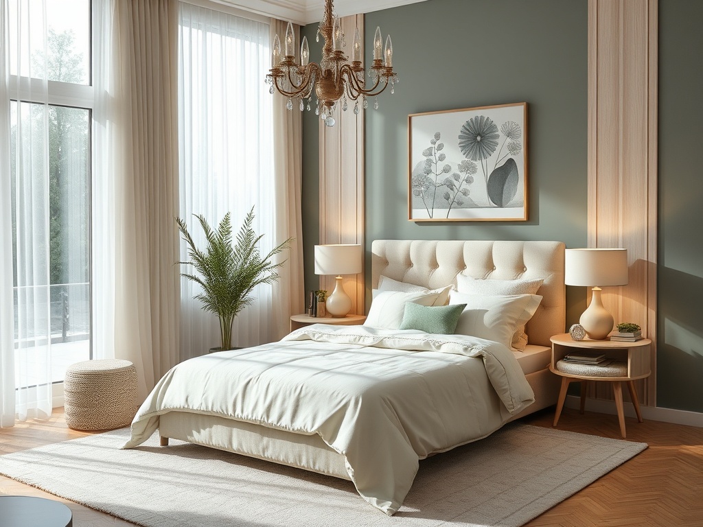 Современная спальня с двуспальной кроватью, нежными тонами и большим окном с занавесками.