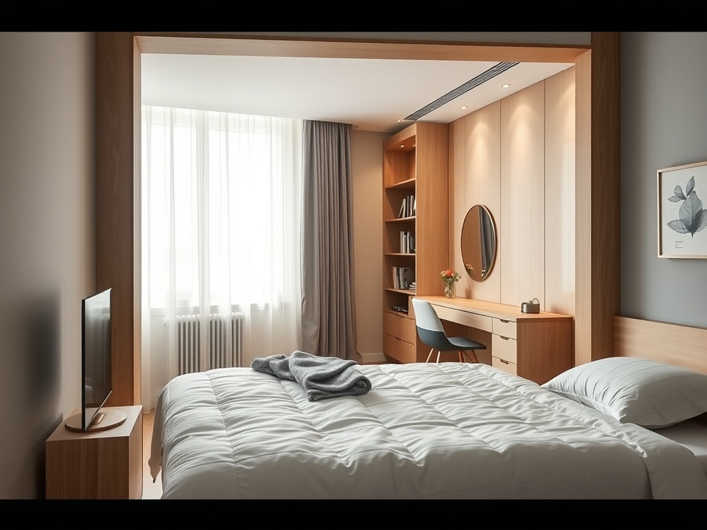 Современная спальня с кроватью, телевизором, столом и книжной полкой, оформленная в светлых тонах.