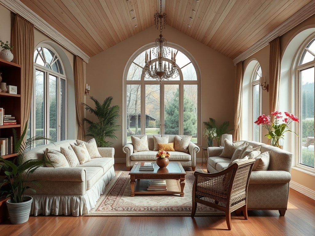 Современная гостиная с большими окнами, уютной мебелью и растениями, создающая атмосферу уюта и тепла.