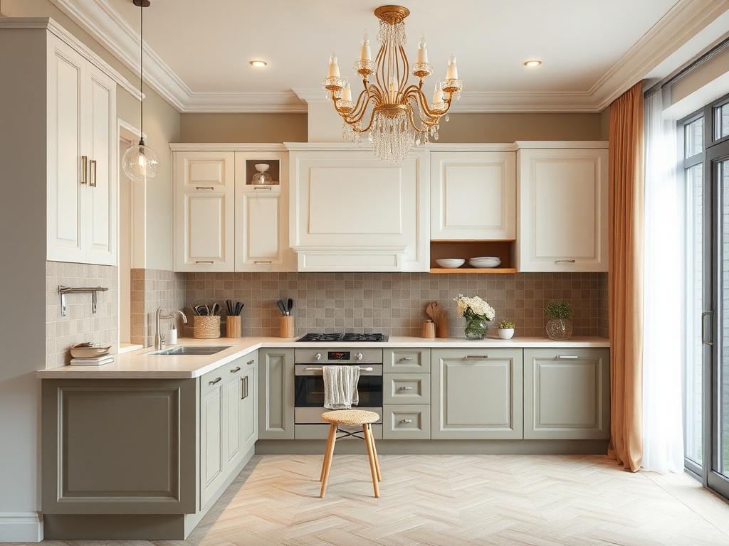 Современная кухня с нежными оттенками, деревянной мебелью и стильной люстрой, уютно оформленная.